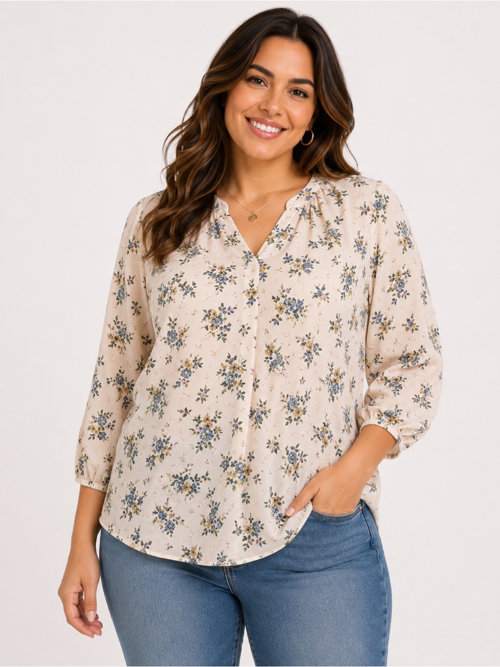 Sienna Sky Floral Ivory 3/4 Sleeve Blouse, Size M